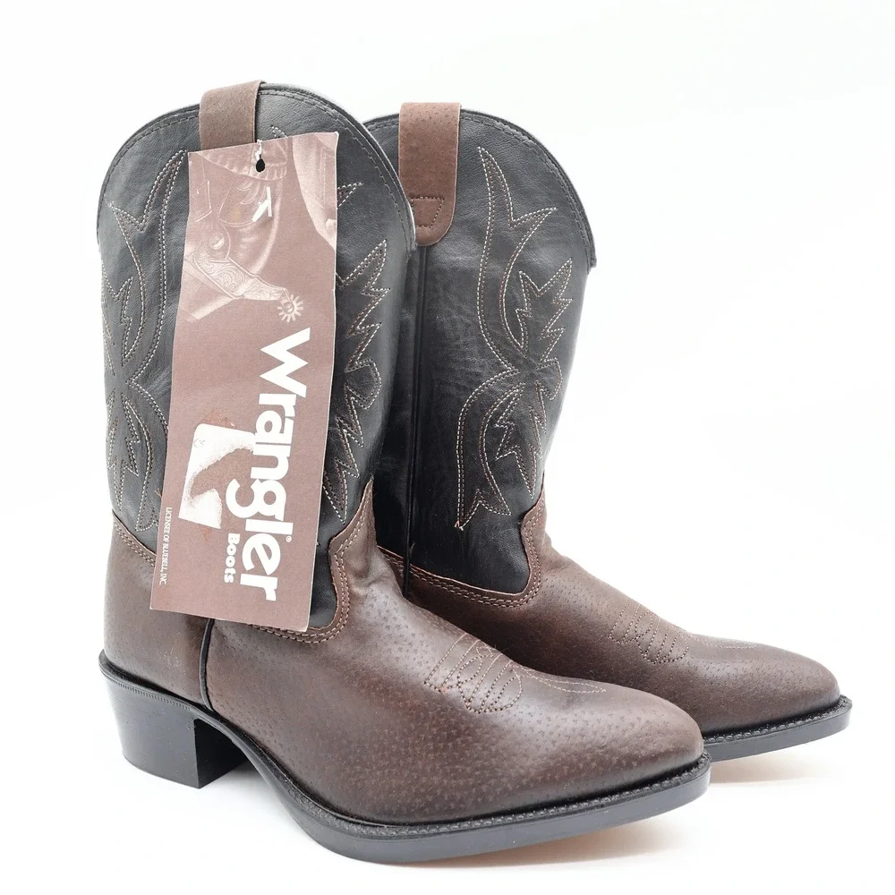 Wrangler Vintage Western Cowboy Boots Childrens 1.5 Brown Black Leather NWT
